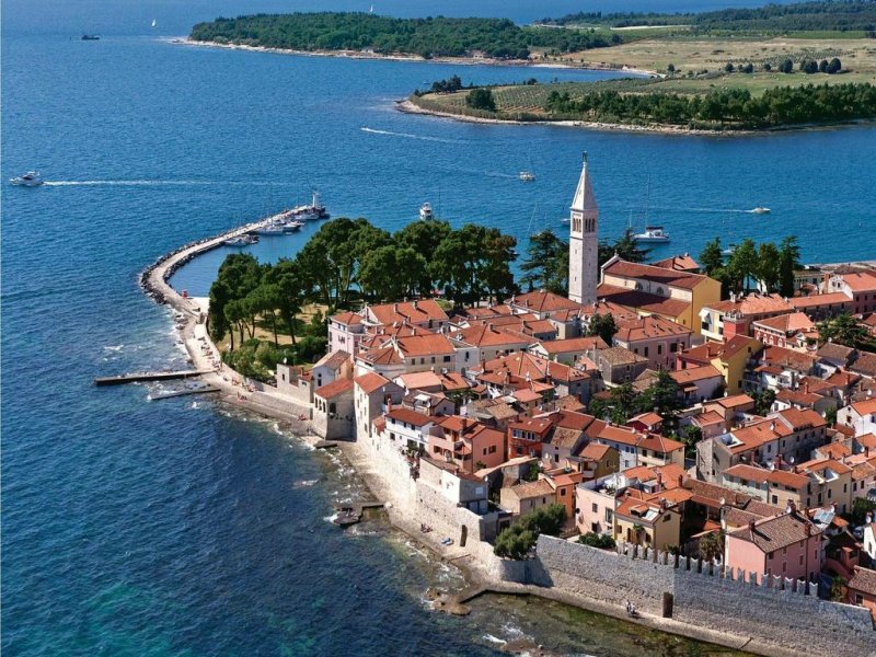 Novigrad con la sua città vecchia aggrappata alla riva e un campanile che si erge sopra un'infarinatura di tetti di tegole arancioni.